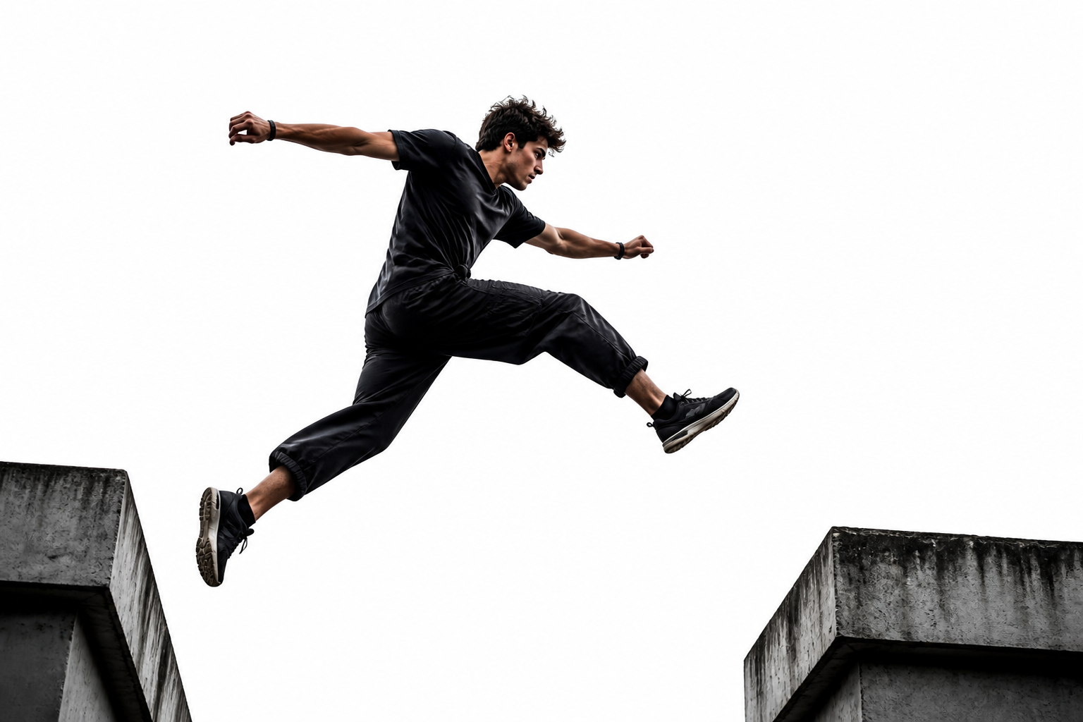 Athlete mid precision jump between rooftops