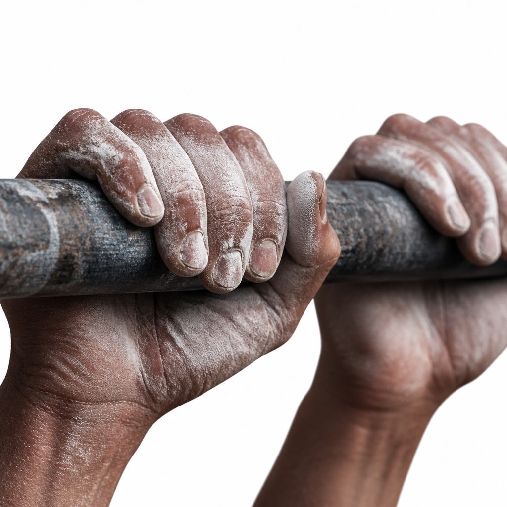 Chalked hands gripping a steel rail