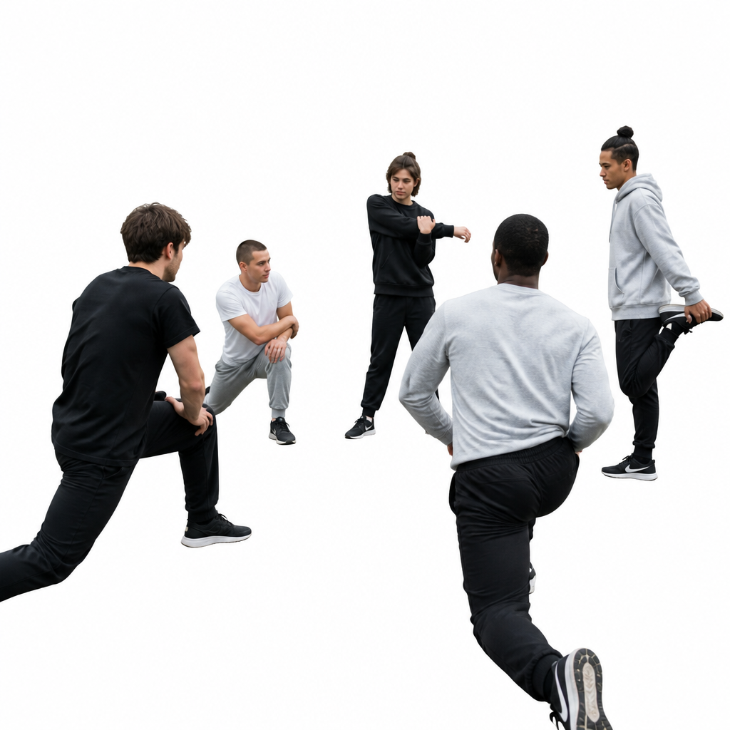 Group stretching on a rooftop before a jam